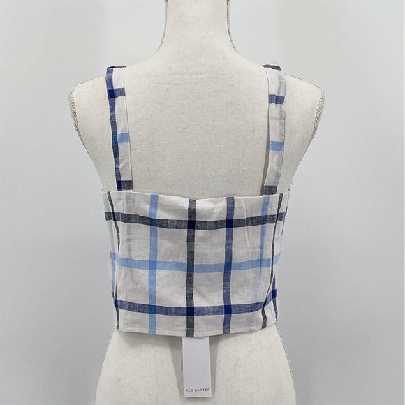 Red Carter Blue Plaid Linen Button Front Crop Top - Picture 2 of 8